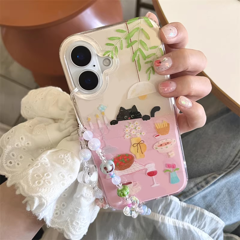 Y2K Phone Accessories - 귀여운 소녀 식탁 그림 작은 검은