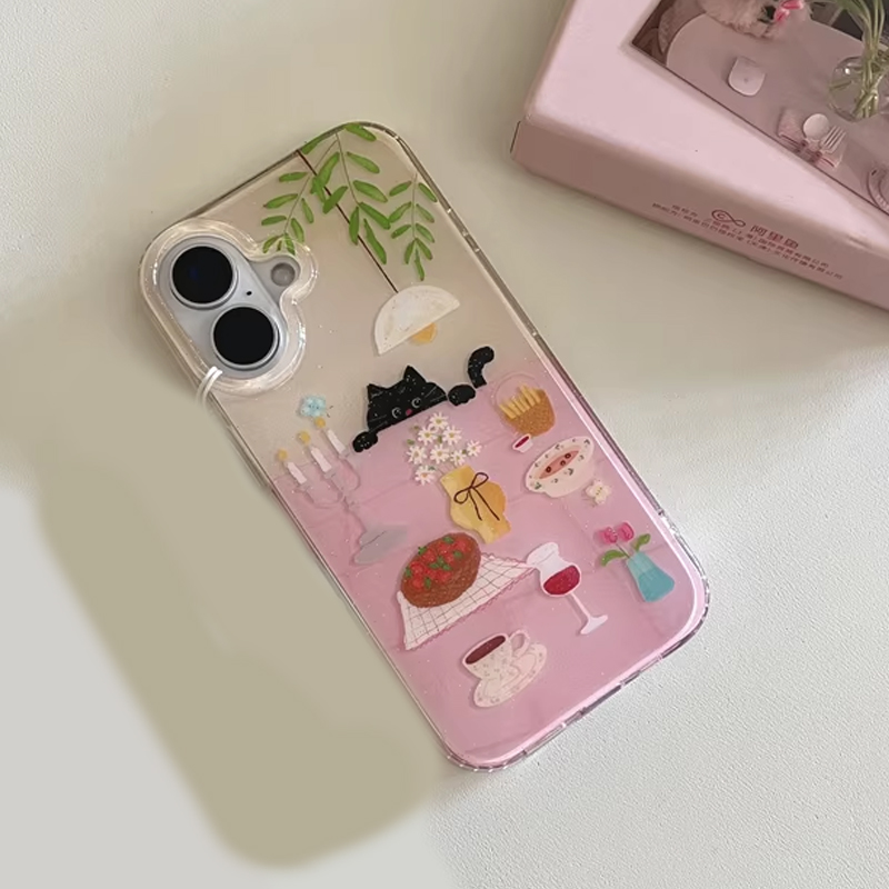 귀여운 소녀 식탁 그림 작은 검은 고양이 만화 캐릭터  - Y2K Phone Accessories 리뷰 및 가격