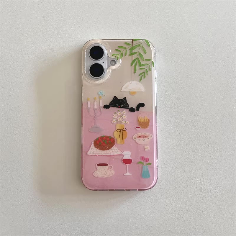 귀여운 소녀 식탁 그림 작은 검은 고양이 만화 캐릭터  - Y2K Phone Accessories 리뷰 및 가격